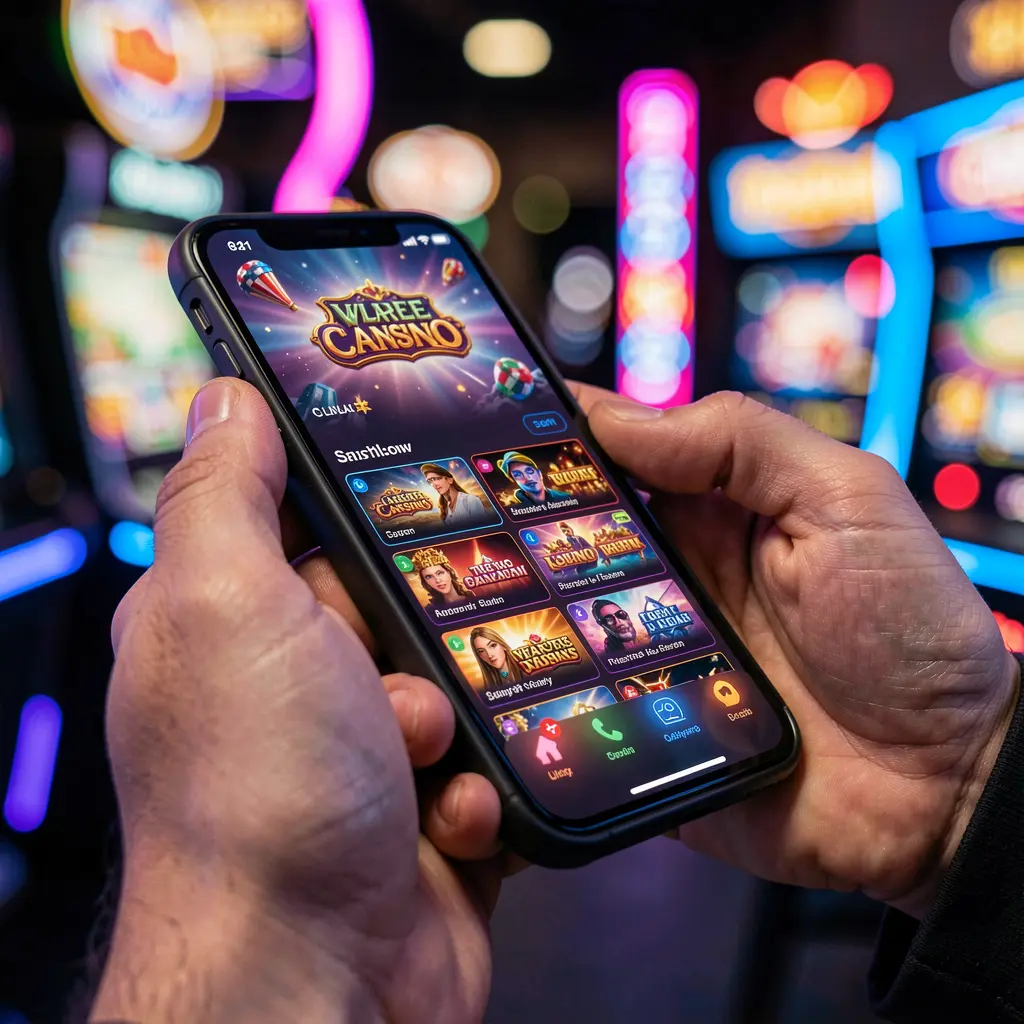 Close-up of hands playing colorful slot games on the JYJILL COM casino app with glowing neon casino visuals on a smartphone