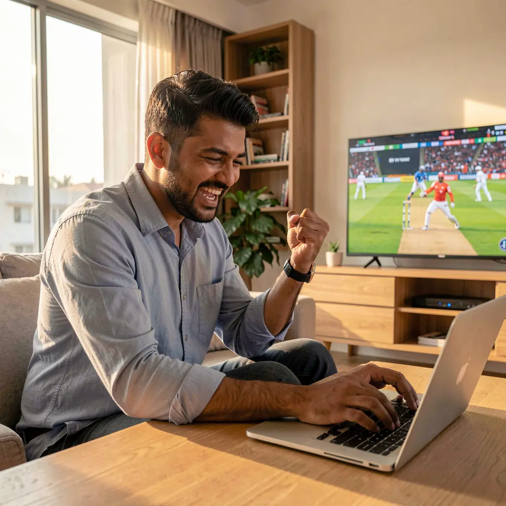 Young Bangladeshi sports fan celebrating a winning bet placed on JYJILL COM while watching a live cricket match at home
