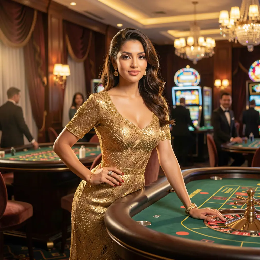 Confident and glamorous casino model posing by a roulette table in a luxury gaming hall highlighting the premium atmosphere of JYJILL COM for players in Bangladesh