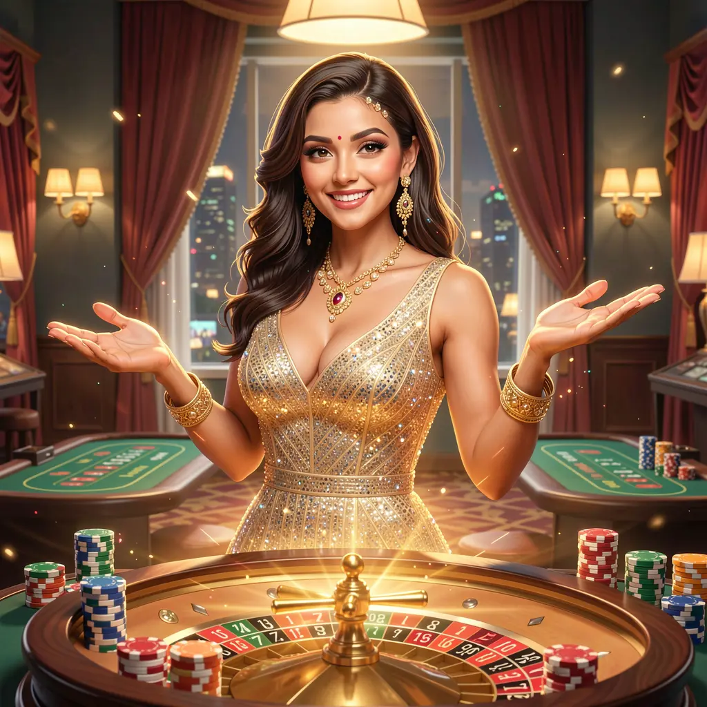 Elegant casino hostess surrounded by glowing roulette lights and floating chips inviting players to log in to JYJILL COM in Bangladesh