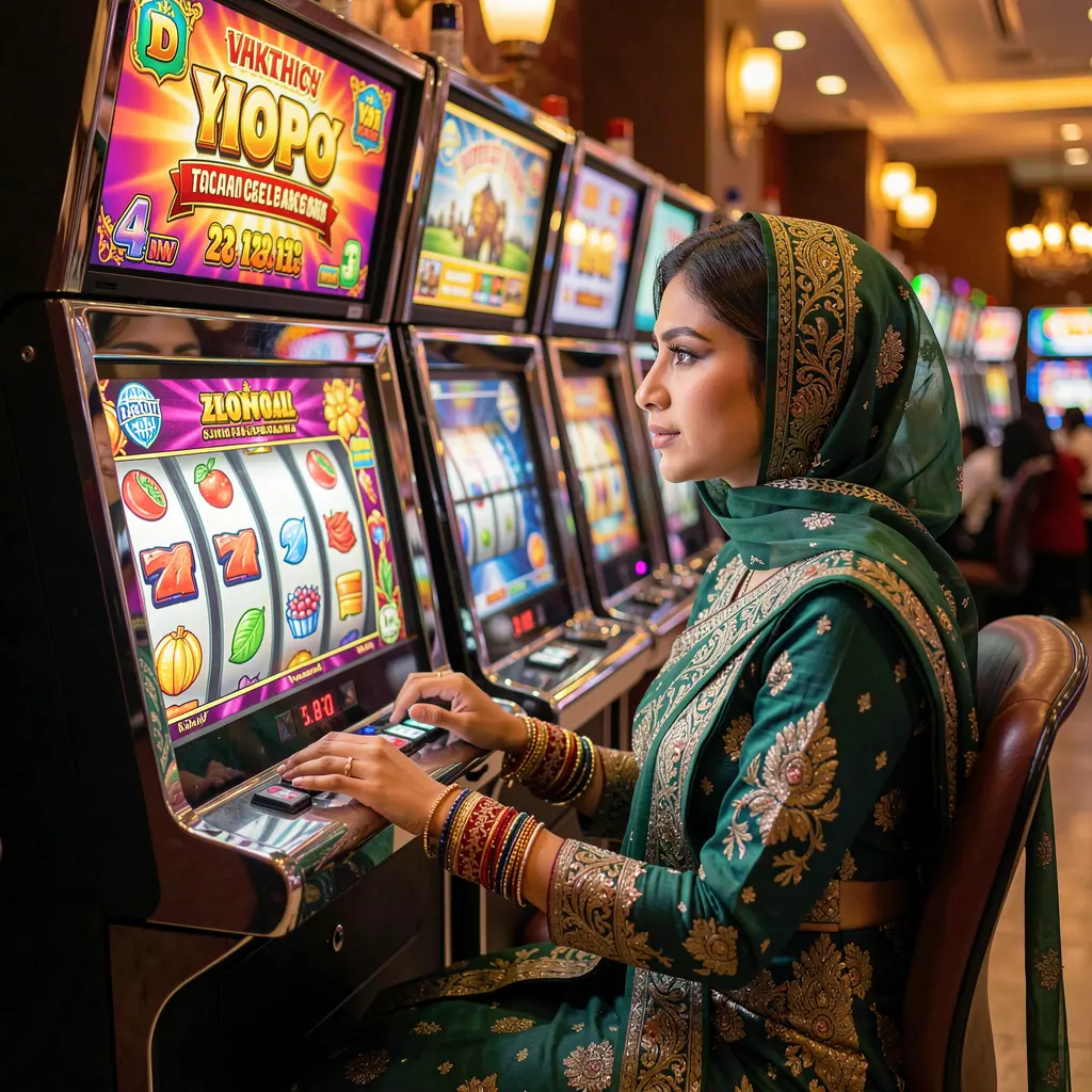 Confident woman enjoying high quality slot machine gameplay at JYJILL COM casino with vibrant colors and a premium gaming atmosphere in Bangladesh